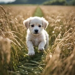  cute little puppy is playing in the middle of a rice field in the countryside.