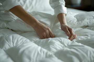 Hands of a housekeeper tucking in a fresh duvet over a hotel bed. ensuring a luxurious stay for guests.