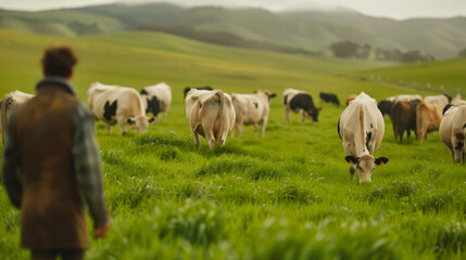Fototapeta premium Agricultural Worker Observing Dairy Cows in Lush Pasture. Generative AI.