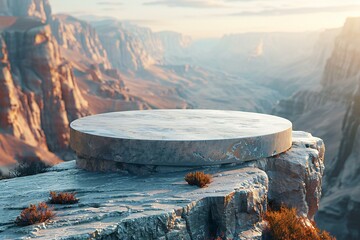Empty round marble podium on a rock in the desert,   rendering