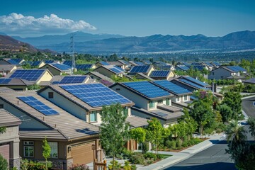 Row of houses in a neighborhood with solar panels on rooftops, showcasing widespread adoption of renewable energy technology - obrazy, fototapety, plakaty