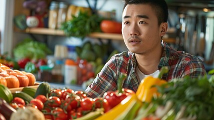 Healthy Choices. An Asian man contemplates dietary changes. surrounded by nutritious foods in a...