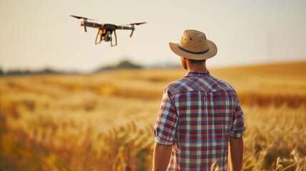 Naklejka na ściany i meble Aerial Crop Surveillance: Farmer Monitoring Fields with Drone. Generative AI.