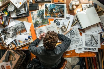 A person sitting at a table covered in drawings and sketches surrounded by books, depicting the creative process