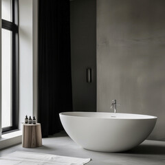 A white bathtub with a black curtain in front of it