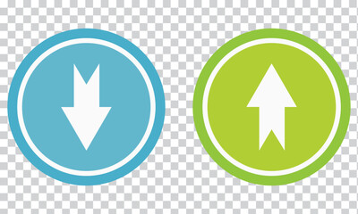 green up and red down arrows, round solid vector signs. EPS 10.