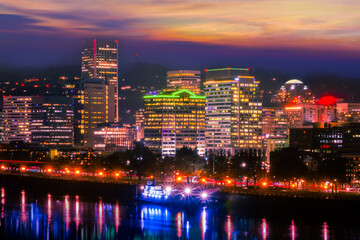 City skyline at dusk, Downtown city skyline at night, Oregon, United States,