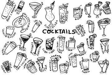 Cocktails hand drawn set. Vector illustration isolated on white background. For packaging, wall art, posters, branding,  magazines, book cover, blogs,  business, social media, greeting cards,  banner,