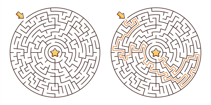 Maze  game for kids  with a solution. Circular labyrinth with a star in the center. 