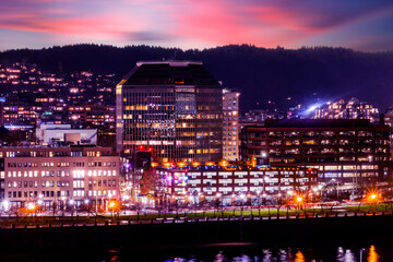 Downtown city skyline at night, Oregon, United States,