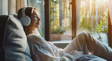 A woman in white is lying on the sofa, wearing headphones and listening to music with her eyes closed. 