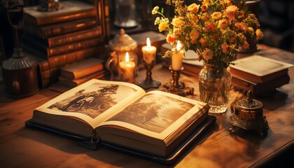 Nostalgic stock photo of a vintage photo album open under a soft lamp light, revisiting memories that glow with the light of love and fond remembrance - obrazy, fototapety, plakaty