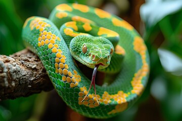 Green pit viper (Reticulated pit viper) on the tree