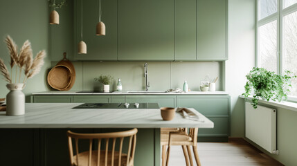 A kitchen with a white counter and green cabinets. A potted plant sits on the windowsill