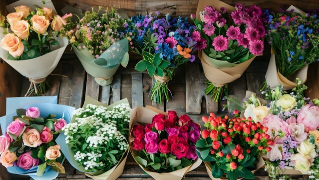 Florist workspace with custom arrangements colorful bouquets and flower deliveries. Concept Florist Workspace, Custom Arrangements, Colorful Bouquets, Flower Deliveries