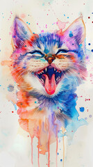 colorful watercolor portrait of a happy Exotic Shorthair Cat with its tongue out ,minimalist