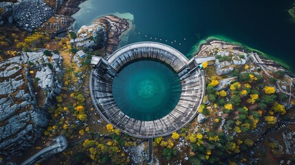 Obraz premium Hydroelectric Harmony. A breathtaking aerial view of a hydroelectric dam surrounded by natural scenery. emphasizing sustainable energy and environmental impact.