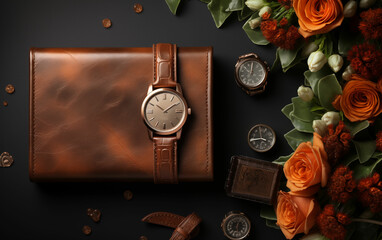 Watch on wallet next to flowers. Generative AI