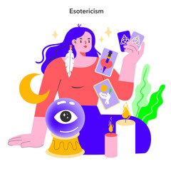 Lifestyle trends concept. A mystical journey into esoteric practices with tarot cards and symbols of the occult.