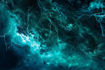 Dark night lit by blue-green neon, creating an abstract fantasy