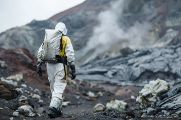 scientist walking through the site of a volcanic eruption to analyze the current situation