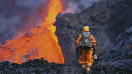 volcano erupting as scientist watches from safety to analyze and take samples