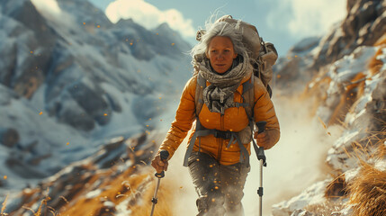 Elderly woman hiking up snowy mountain. Generative AI - obrazy, fototapety, plakaty