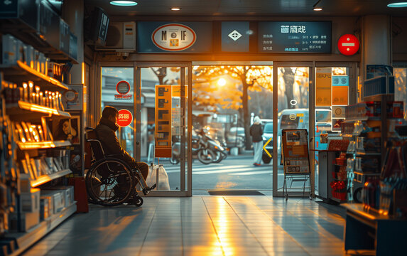 Man in wheelchair outside store. Generative AI