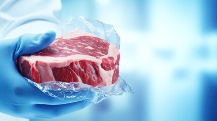 Analysis of raw steak in lab, blue gloved hand with meat sample, banner with space for text