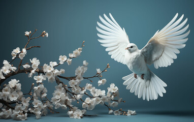 Obraz premium White bird flying over branch with white flowers. Generative AI