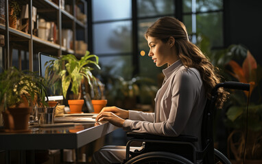 Fototapeta premium Woman in wheelchair working on laptop. Generative AI