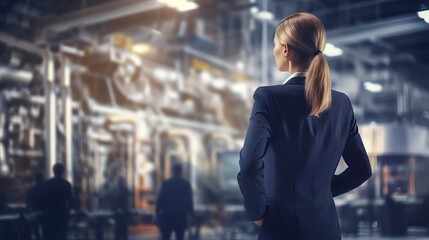 Fototapeta premium A woman leader supervising a factory floor with technology and engineering. There's a banner with space for text nearby.