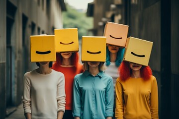 Emotion set. Girls hide their faces behind cardboard boxes with drawn emojis