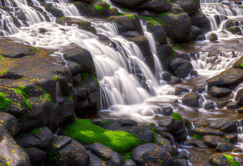 AI generated illustration of waterfalls with moss-covered rocks