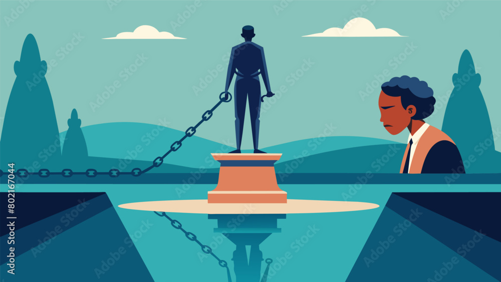 Poster a small reflection pool next to a statue of a person breaking free from chains serving as a powerful