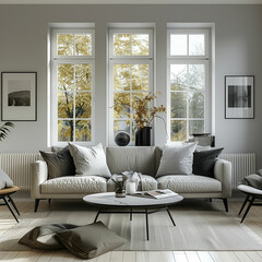 Modern scandinavian living room with abundant furniture and large windows. Generative AI