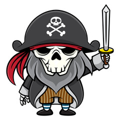 Bearded Skeleton wearing Bandana, Pirate cap and Sailor uniform. Holding a sword. Best for sticker, logo, and mascot with halloween themes