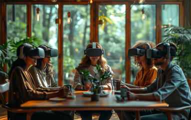 Team of architects presenting design using virtual reality headsets. Generative AI