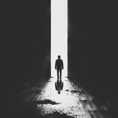 A dark figure stands in a long, narrow hallway. The only light comes from a bright white light at the end of the hall.