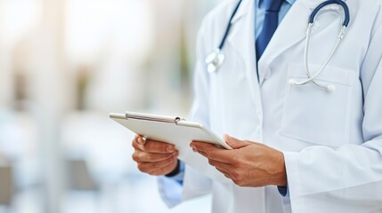 A doctor in a white coat is holding a tablet.