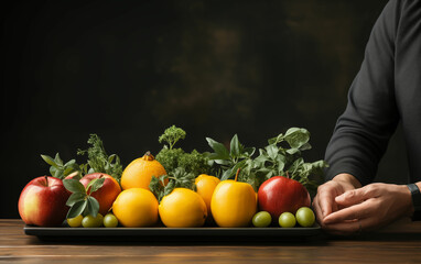 Tray of fruits and vegetables on table. Generative AI