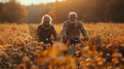 Elderly couple tandem biking through a field. Generative AI