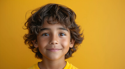 Young boy with curly hair in yellow shirt. Generative AI