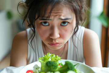Vegan,Food,Slim,Weight Control,Hungry Japanese woman on a diet looking down on her small salad plate and made pouty face 