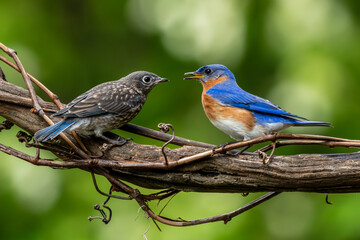 Parent Bluebird Feeding Fledgling