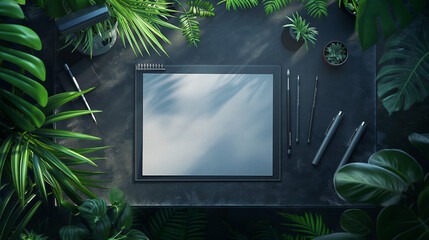 Note,Art,Menu,List,drawing pad lying on a black desk, green plants on the sides