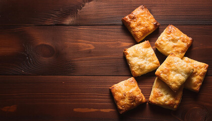 Freshly baked cheese crackers on wooden table. Tasty food. Delicious snack. Baked goods. Top view.