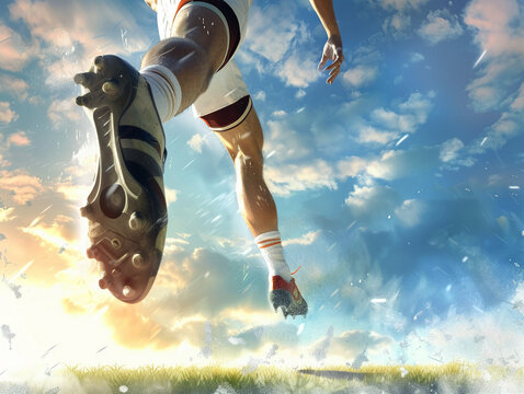 Rugby ball being kicked by player, stadium field, 3D vector, dynamic motion, cloudy sky,