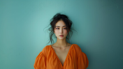 Fototapeta premium Determined woman leaning against blue wall. Generative AI