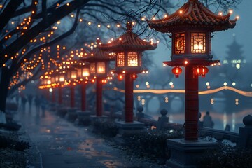 Lanterns in the park at night with foggy background